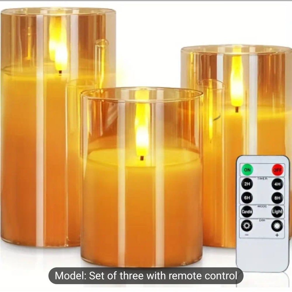 3 Pack Gold Glass Flameless LED Candles with Remote Battery Operated Flickering‎